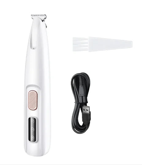 White fur trimmer with cable and cleaning brush