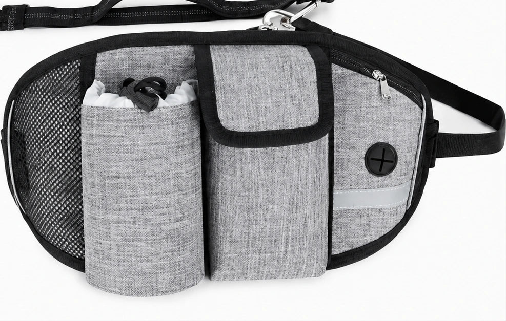 Grey waist pouch showing pockets and front bag opening