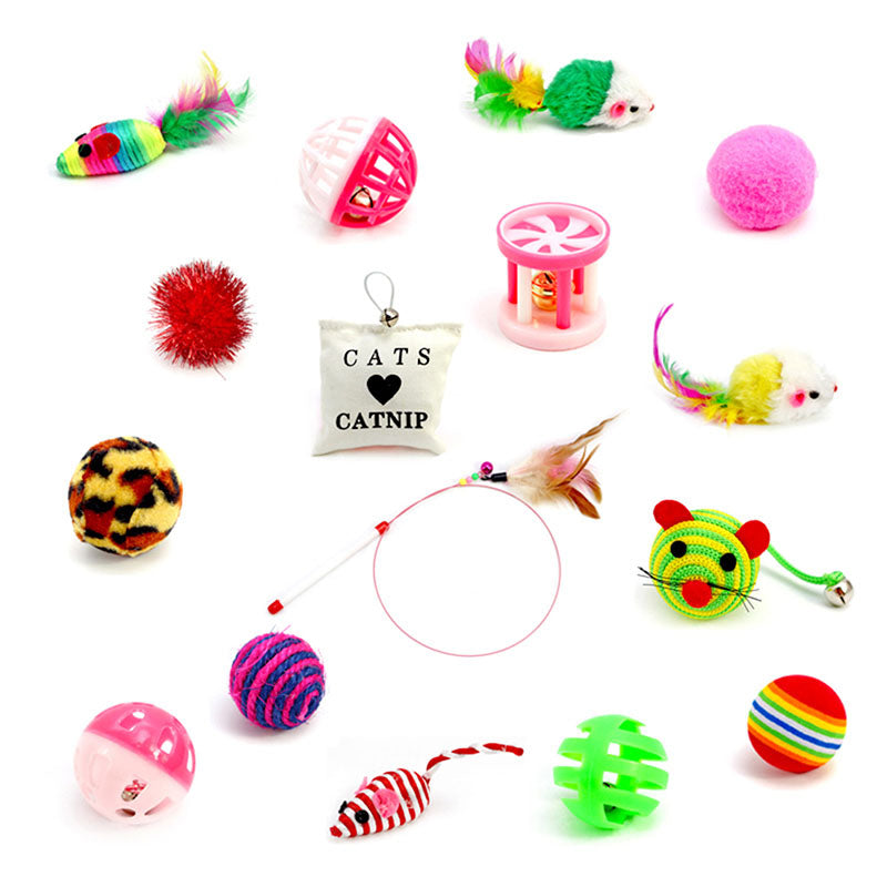 All sixteen Play Pack toys with wand, mice, balls, roller and small pillow