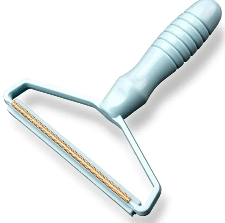 Blue handheld carpet rake with a curved handle and metal cleaning edge